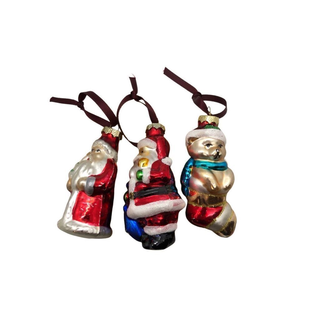 Vintage Glass Ornaments Lot of 3 4” Christmas Decorations—2 Santa’s and Bear in
